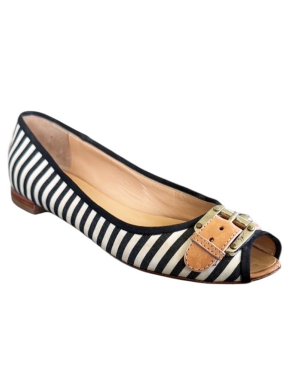 Giuseppe Zanotti Design leather black white stripe peep toe buckle flats size 8